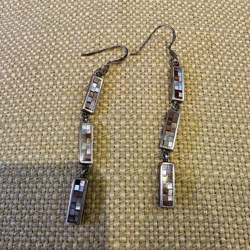 925 Sterling Silver Rectangle Dangle/Drop Earrings Hook Closure Silver